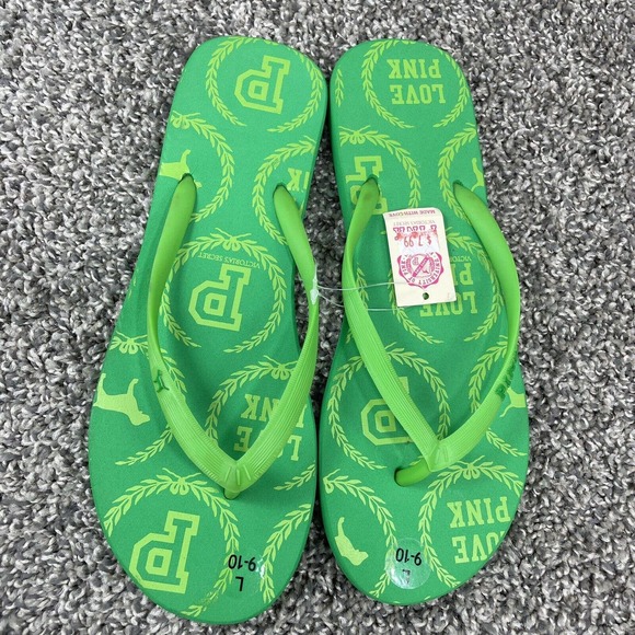 Victorias Secret PINK Dog Logo Green Flip Flops Thong Sandals - Picture 1 of 4